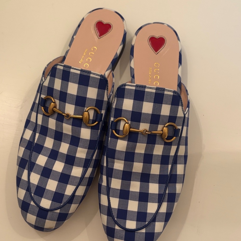 Gucci Blue and White Checkered Mules Loafers